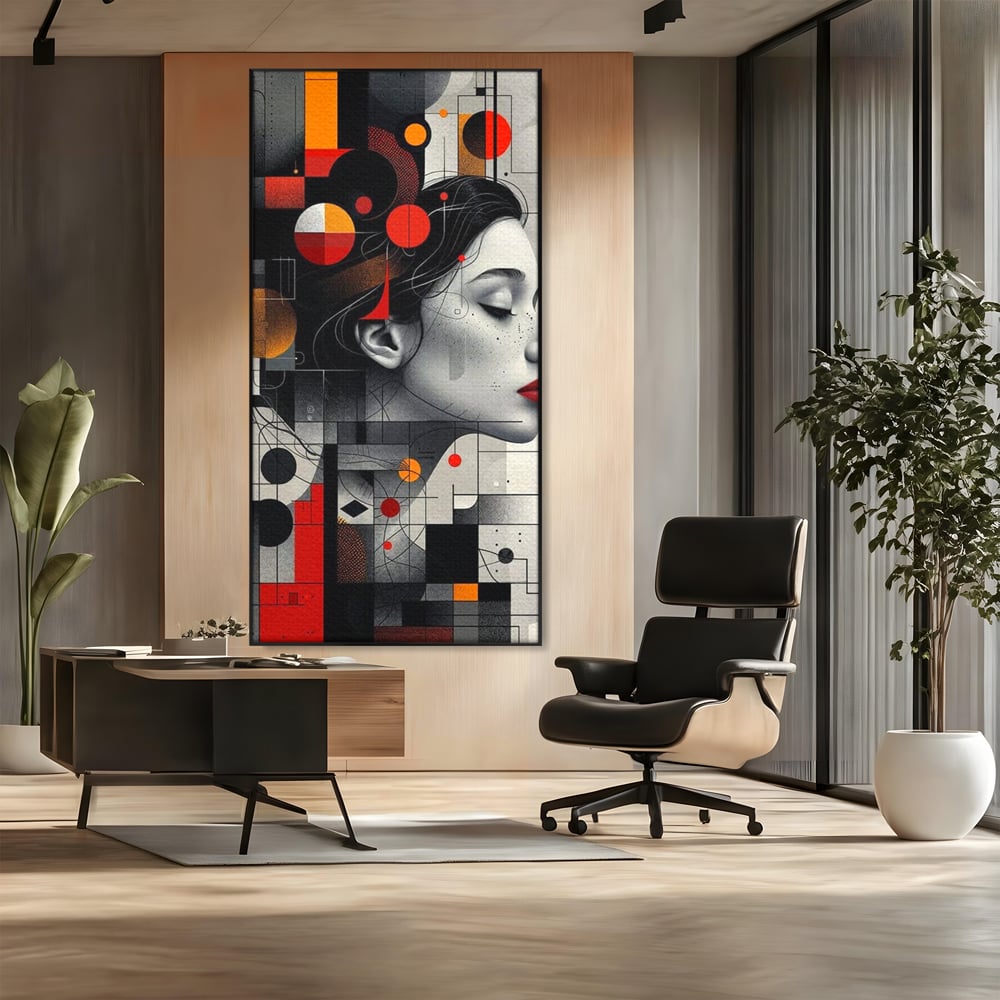 Tablou canvas cu tablou canvas cu portret feminin si forme geometrice, in rama de aluminiu negru, pe perete intr-un birou